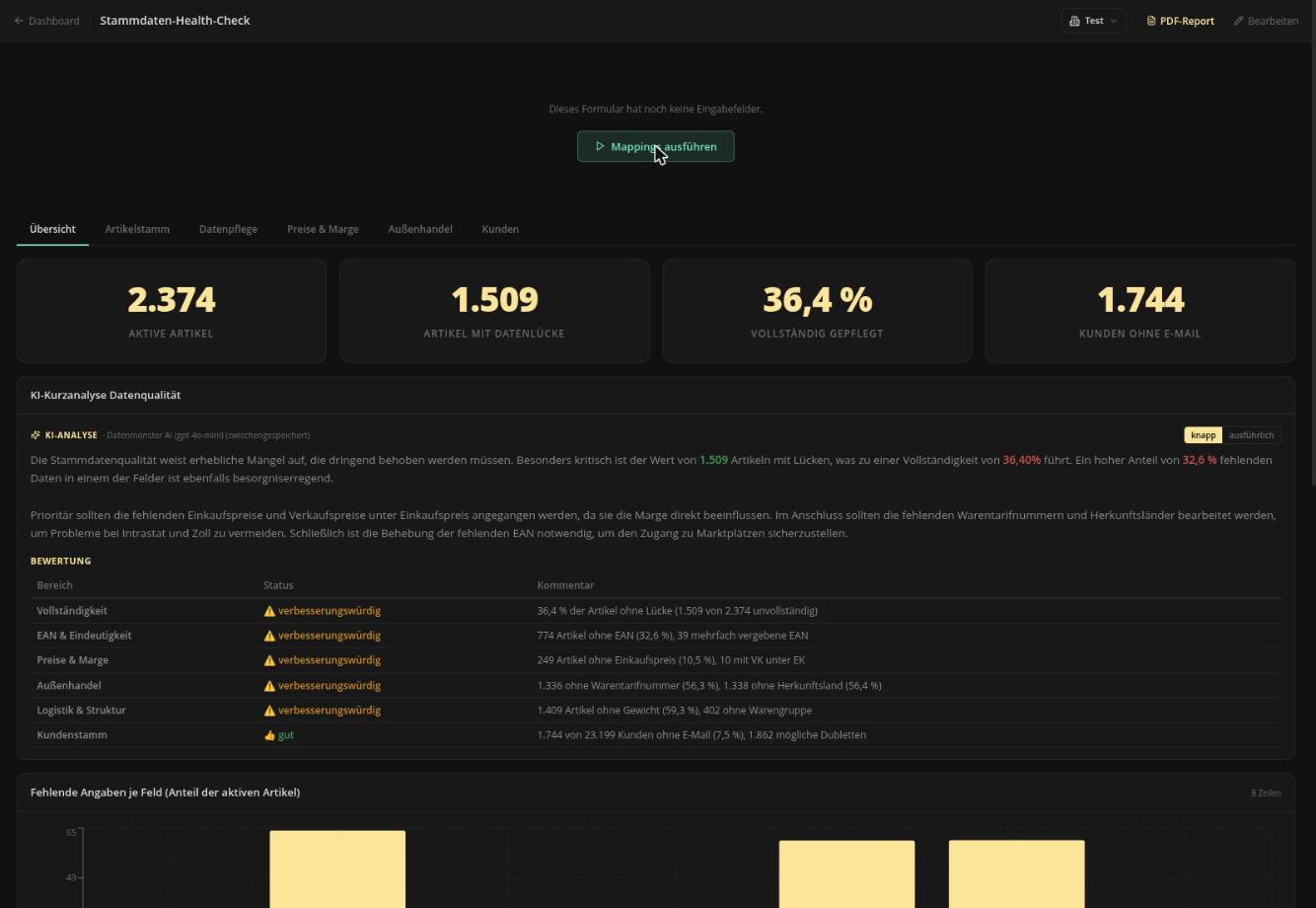 Stammdaten-Health-Check in Datenmonster: Artikel mit Datenlücken, Vollständigkeitsquote und Bewertung je Bereich