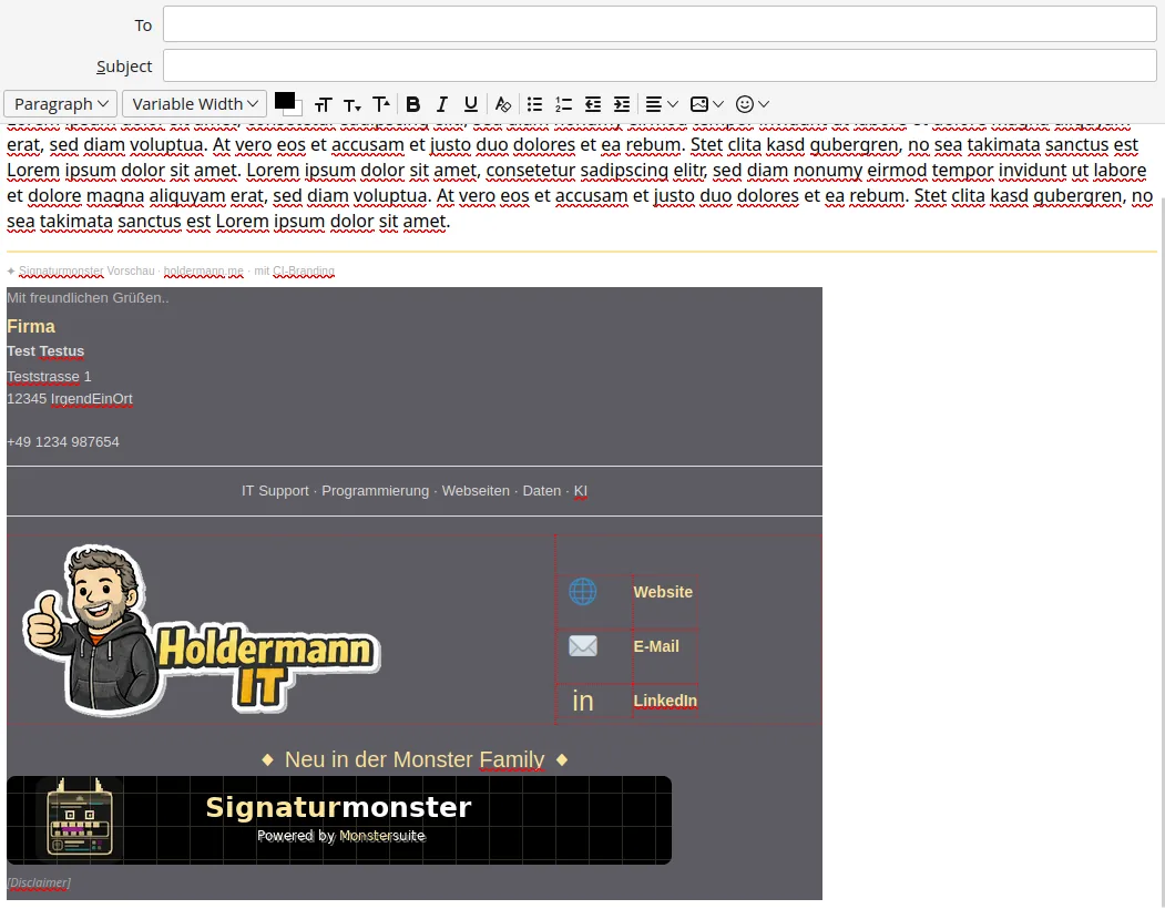Thunderbird-Schreibfenster mit eingeblendeter Signatur aus dem Signaturmonster-Addon